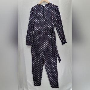 LOFT Red Black Long Sleeve Geometric Floral Faux Wrap Tie Jumpsuit Size- 6